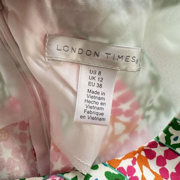 London Times Sheath Dress Size 8 Sleeveless Floral Pink Green White Knee Length - Picture 7 of 10